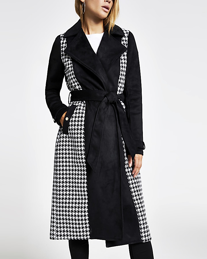 Black suedette dogtooth check trench coat