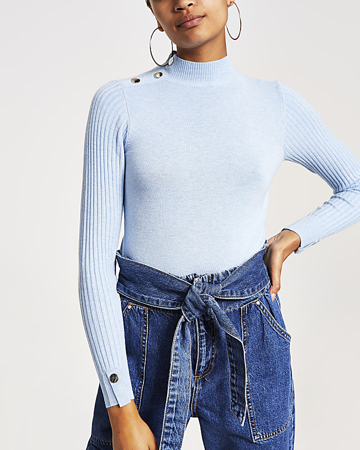 Light blue fitted high neck knitted top