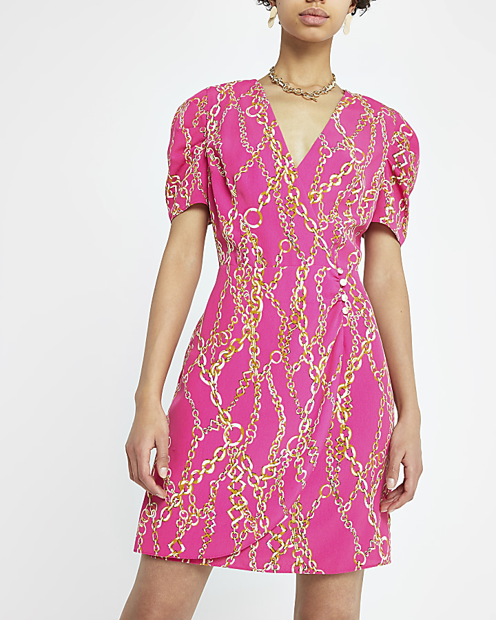Pink chain print puff sleeve dress