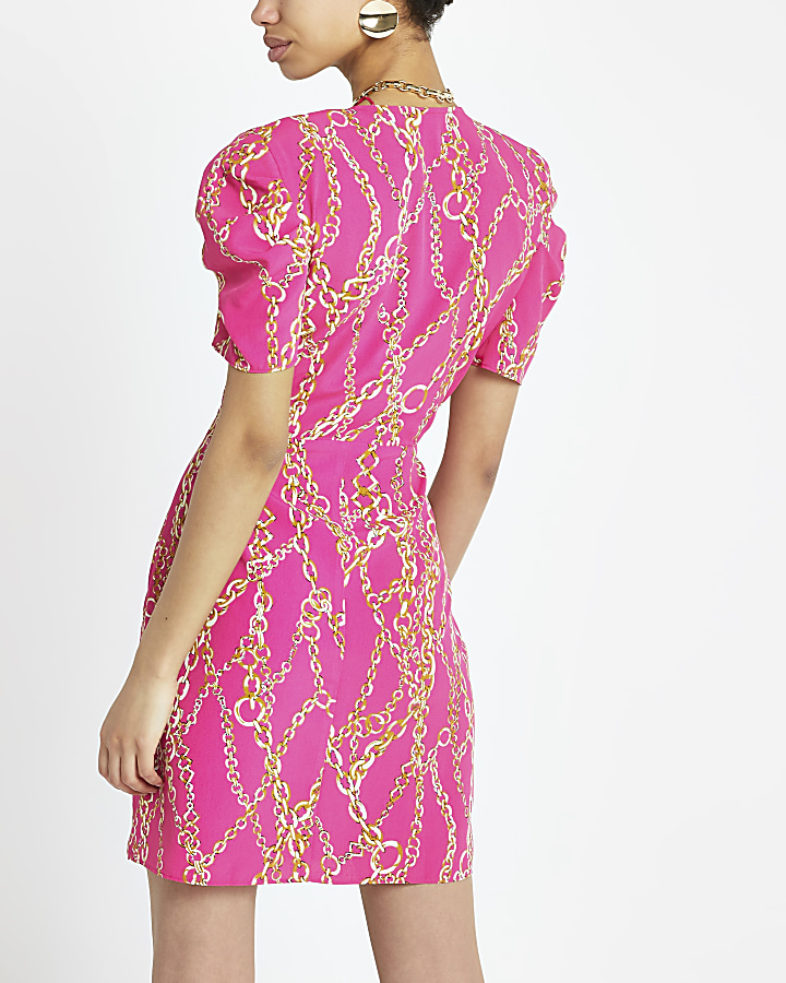 Pink chain print puff sleeve dress