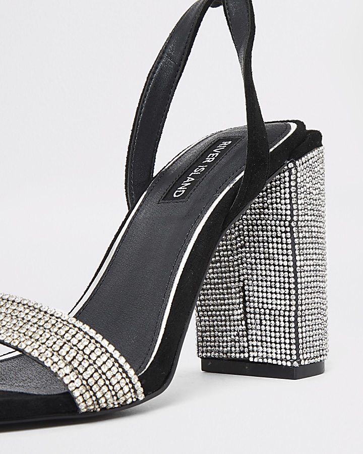 Black diamante embellished block heel sandals