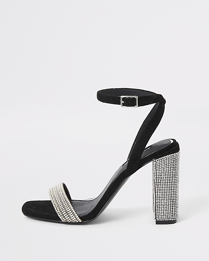 Black diamante embellished block heel sandals