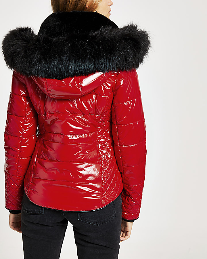 Red faux fur cuff high shine padded coat