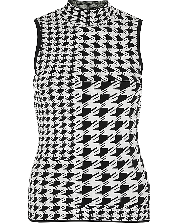 White dogtooth check roll neck tank top