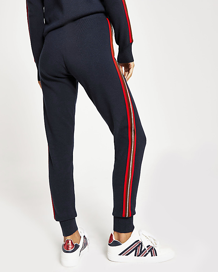 Navy diamante tape side knitted joggers