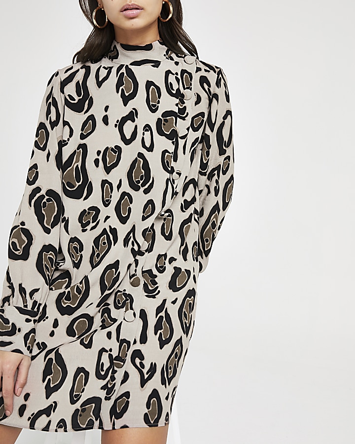Brown leopard print high neck swing dress