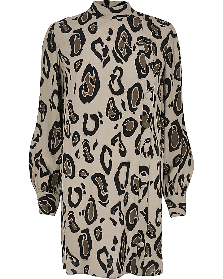 Brown leopard print high neck swing dress