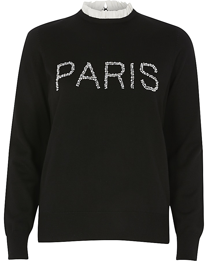 Black 'Paris' pearl embroidered knitted top