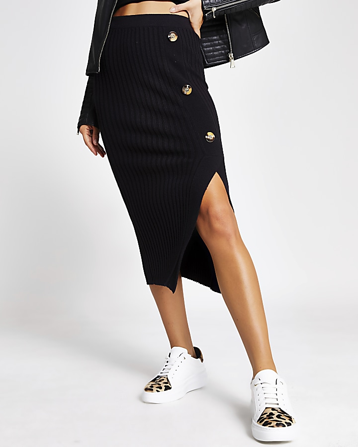 Black knitted button midi skirt