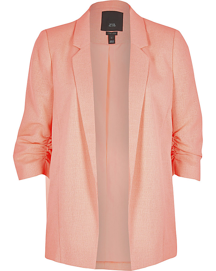 Petite coral ruched sleeve blazer
