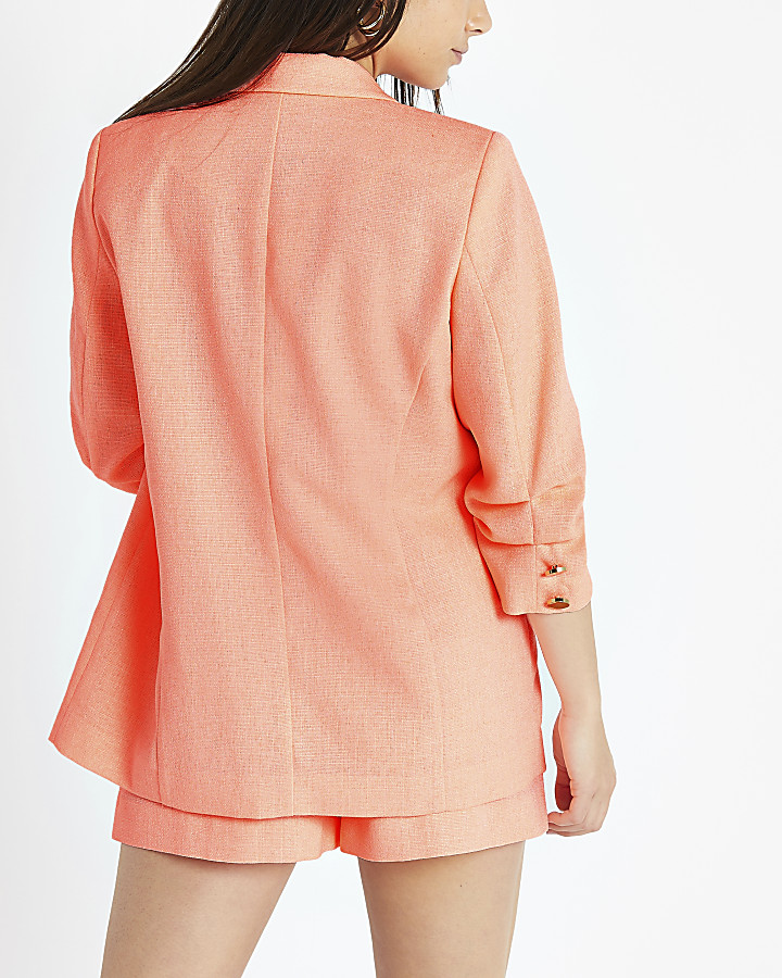 Petite coral ruched sleeve blazer