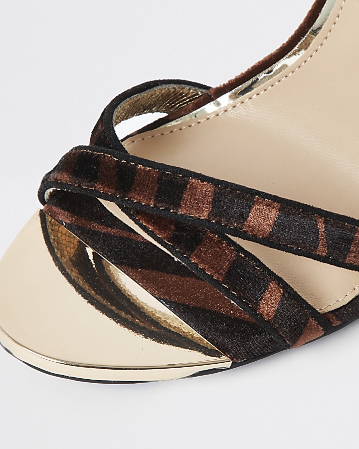 Brown animal print cross strap heeled sandals
