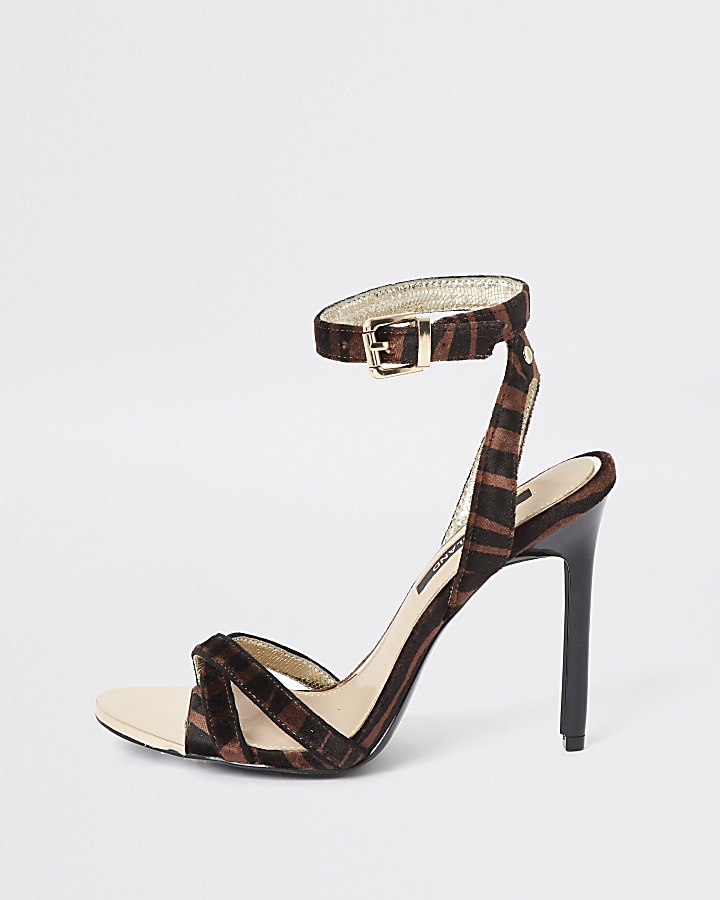 Brown animal print cross strap heeled sandals