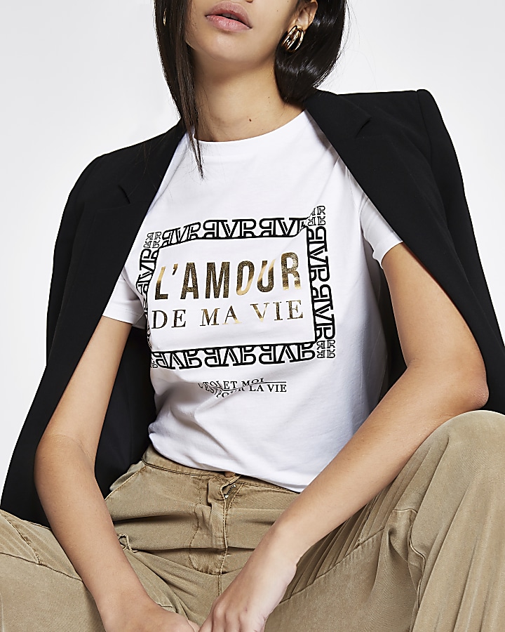 White ‘L’amour’ foil print T-shirt