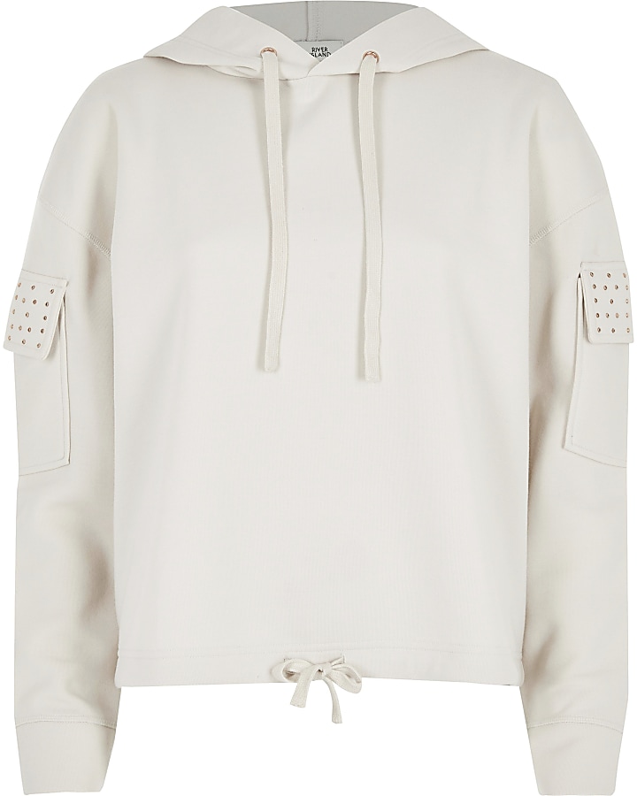 Cream diamante utility hoodie