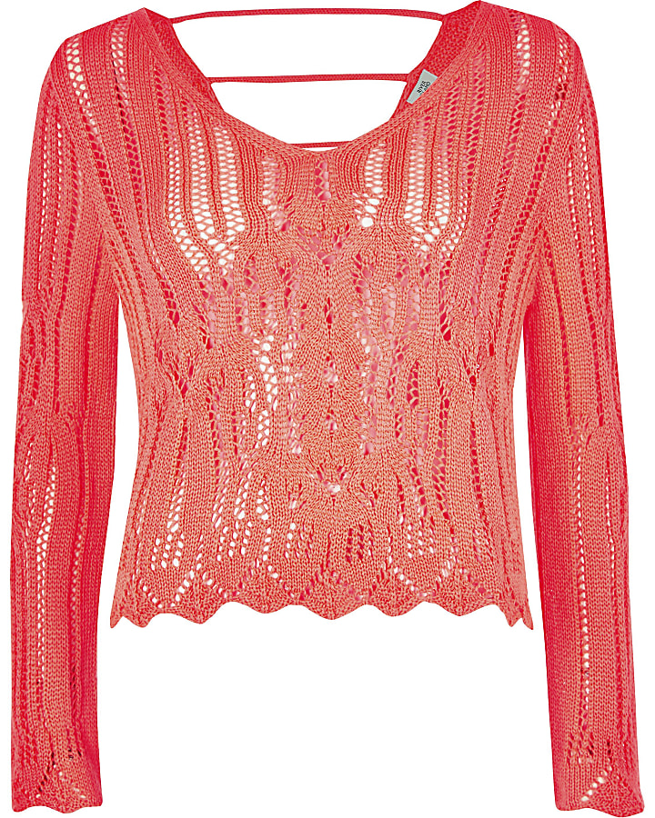 Pink knit crochet long sleeve top