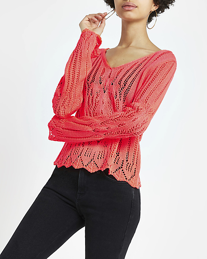 Pink knit crochet long sleeve top