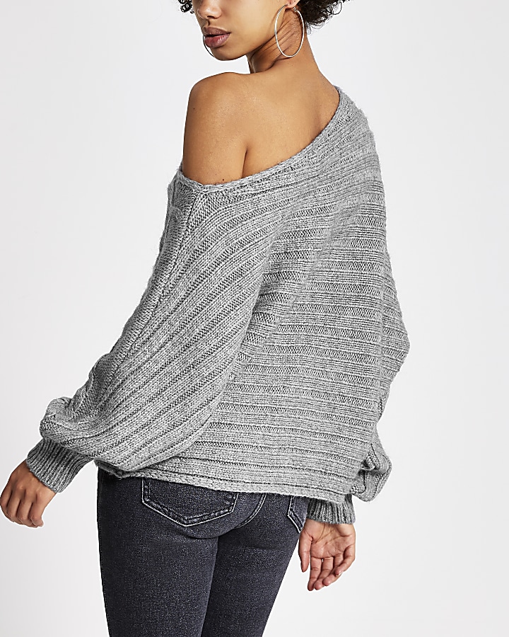Grey asymmetric cable knitted jumper