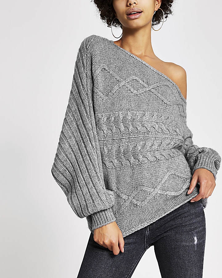 Grey asymmetric cable knitted jumper