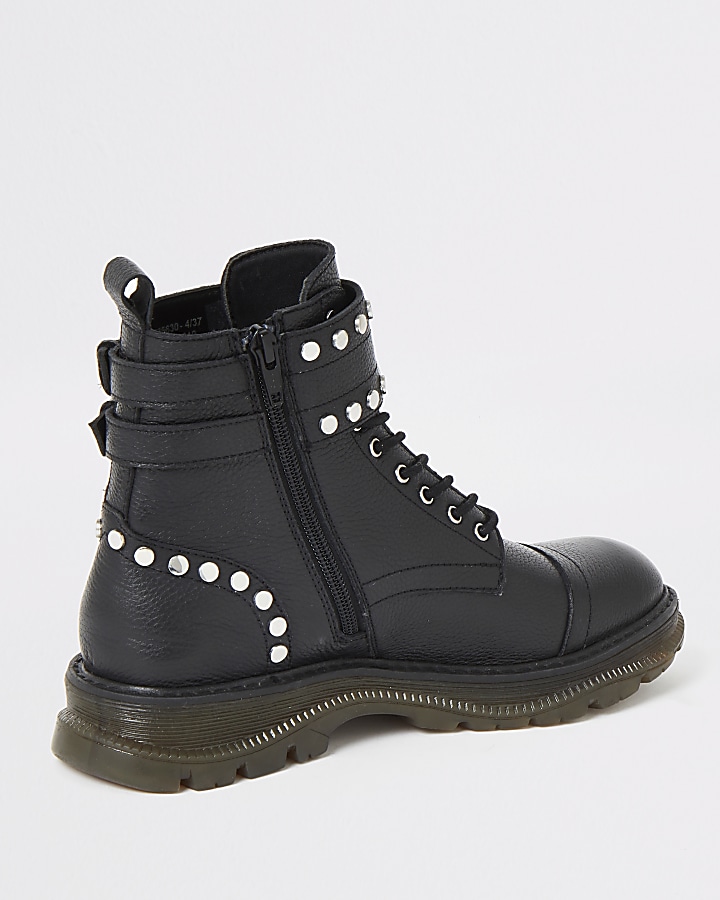 Black leather studded lace-up hiking boots
