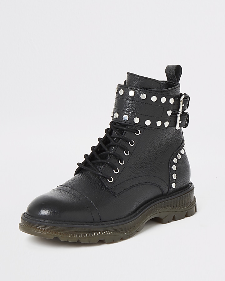 Black leather studded lace-up hiking boots