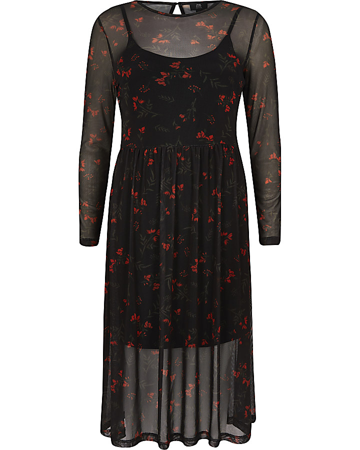 Black floral mesh pleated dress