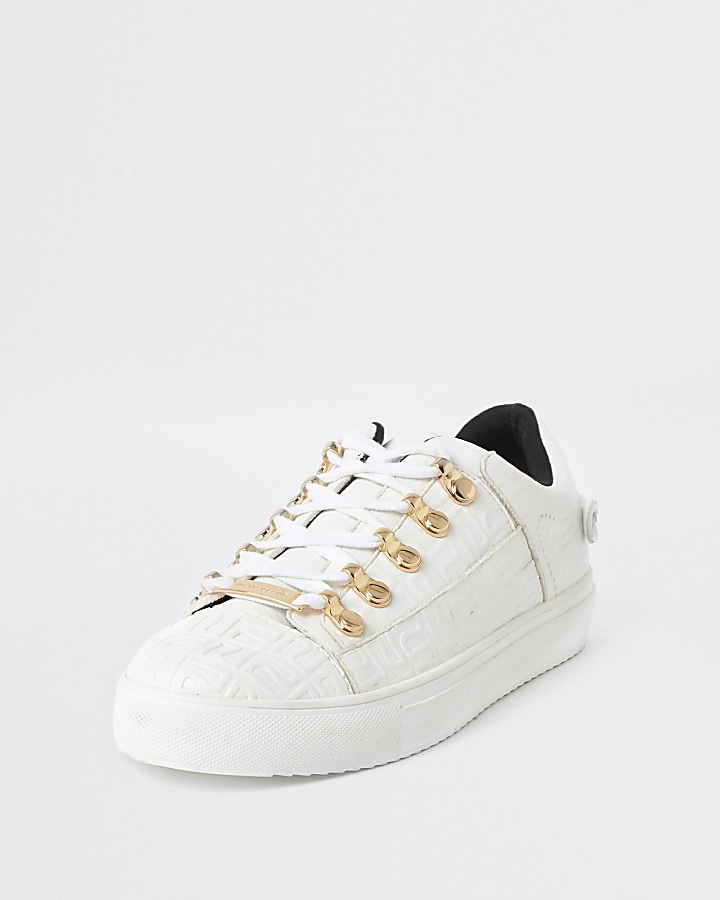 White RI embossed lace-up trainers