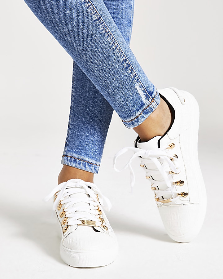 White RI embossed lace-up trainers