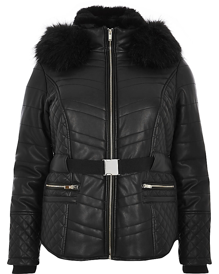 Plus black faux fur hood belted padded coat
