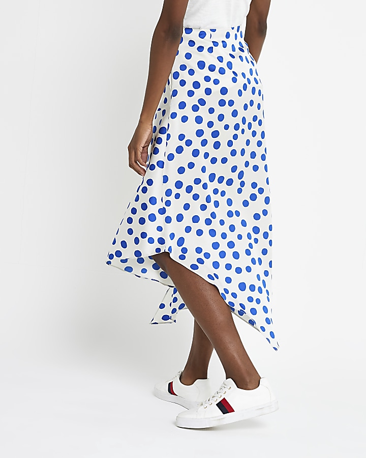 Blue spot asymmetric midi skirt