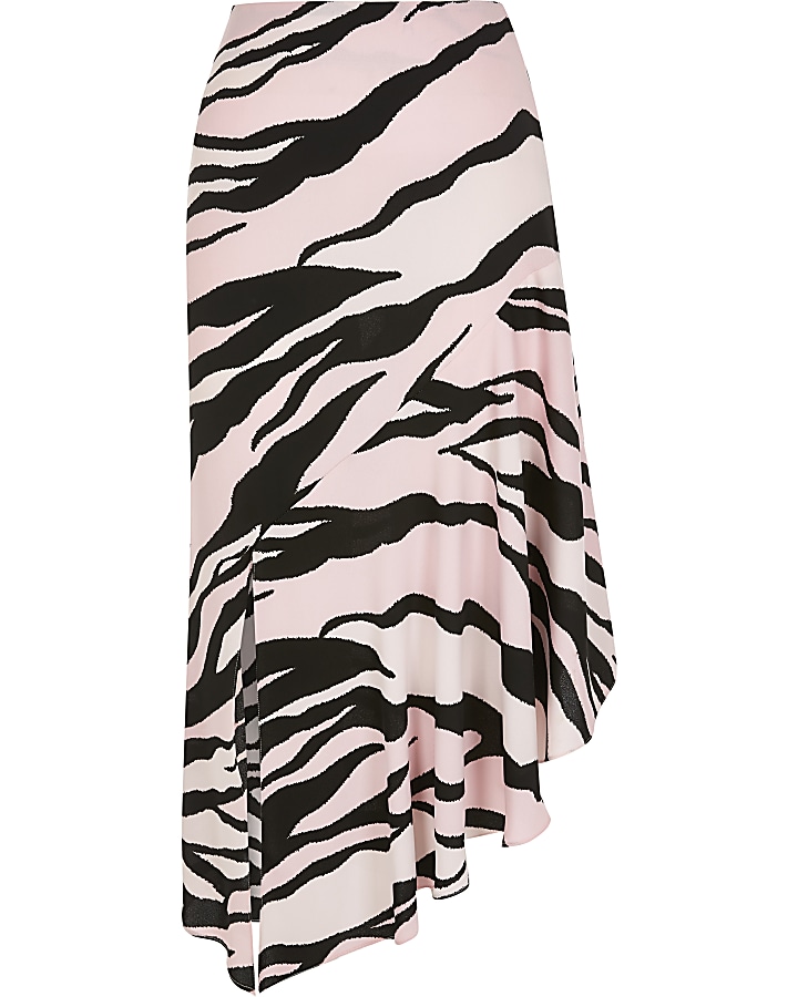 Light pink zebra print asymmetric midi skirt