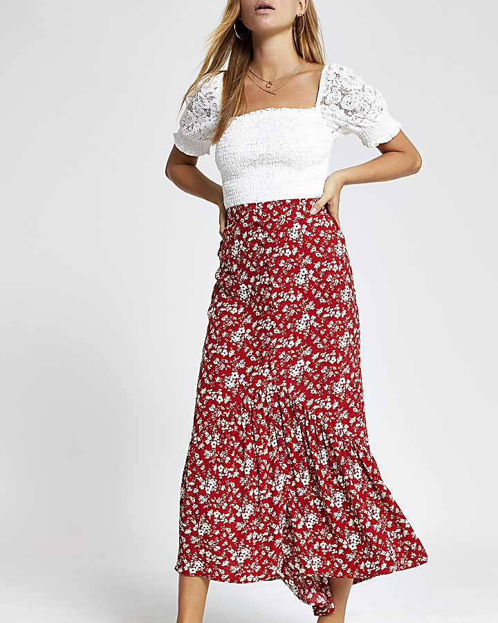 Red floral maxi skirt