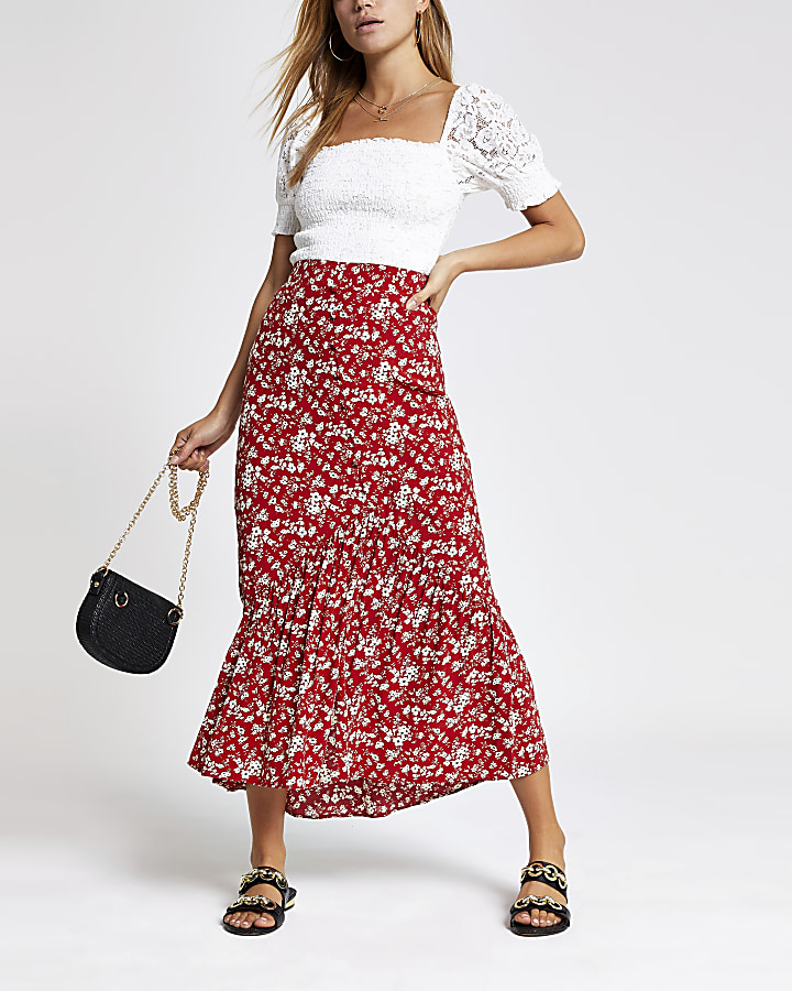 Red floral maxi skirt
