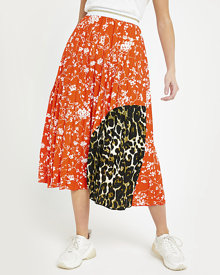 Orange ditsy floral pleated midi skirt