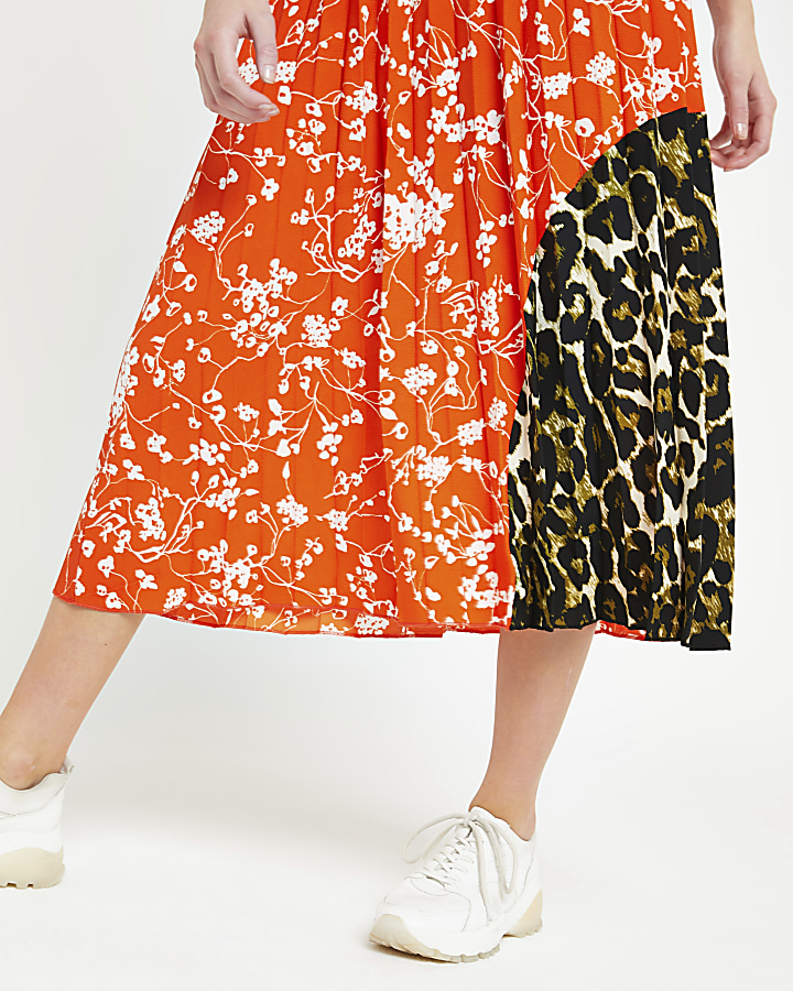 Orange ditsy floral pleated midi skirt