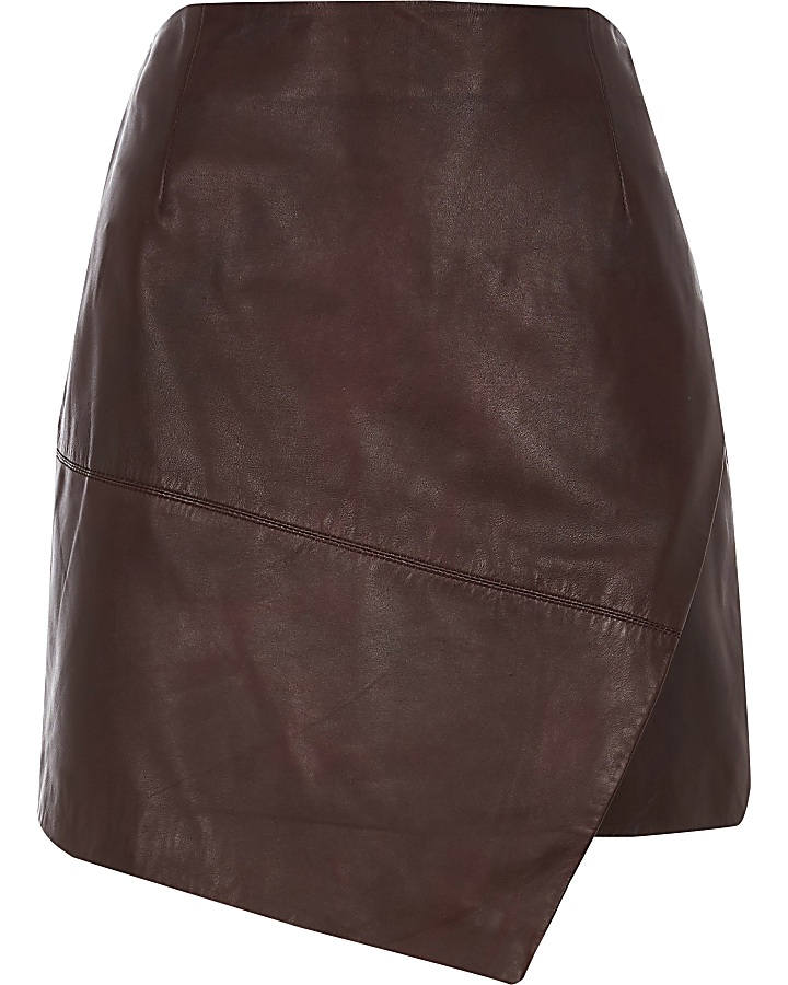Burgundy asymmetric leather mini skirt