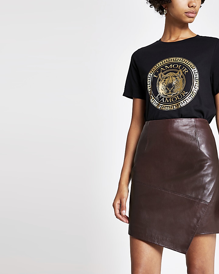 Burgundy asymmetric leather mini skirt