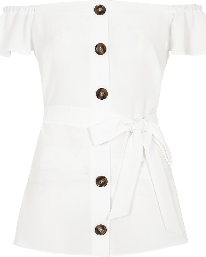 White button front bardot tie waist top