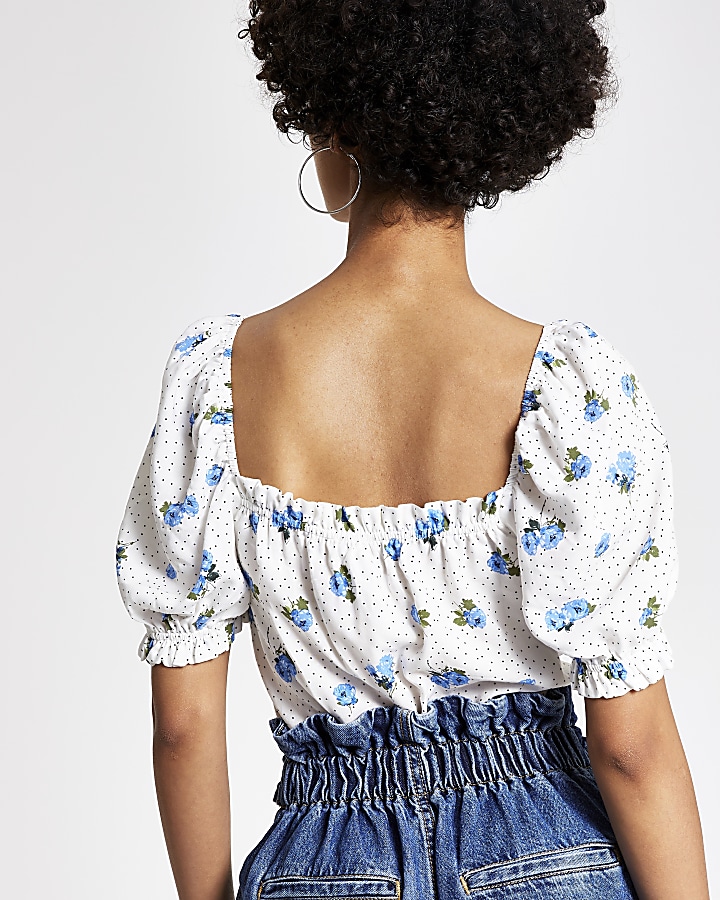 White ditsy floral puff sleeve crop top