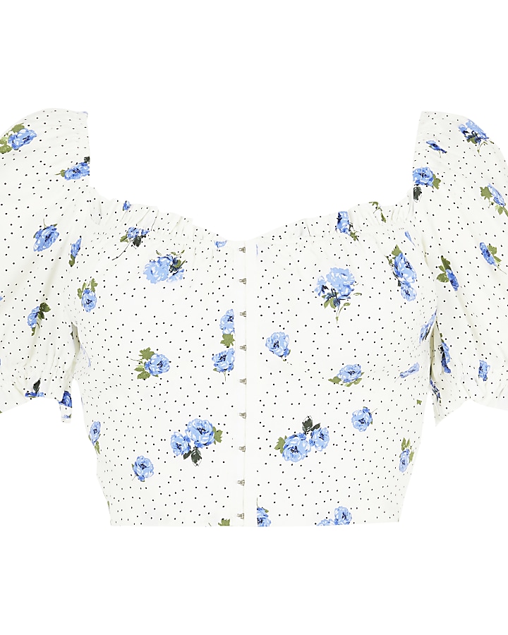 White ditsy floral puff sleeve crop top