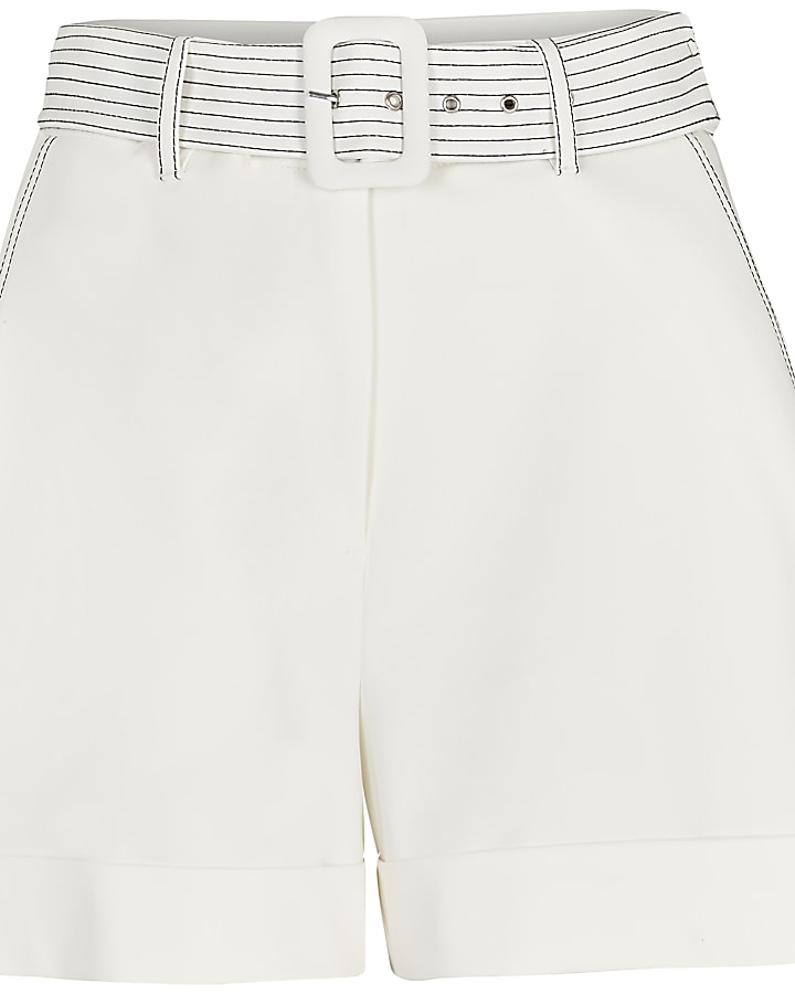 White contrast stitch belted shorts