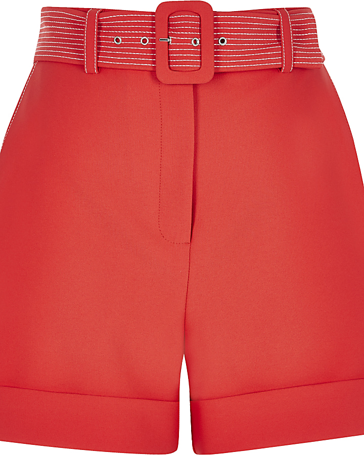 Coral belted shorts