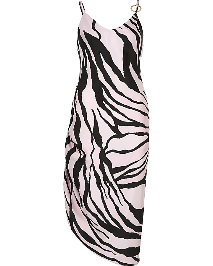 Pink zebra print ruched slip dress