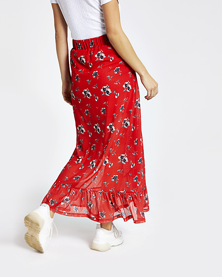 Red floral ruffle maxi skirt