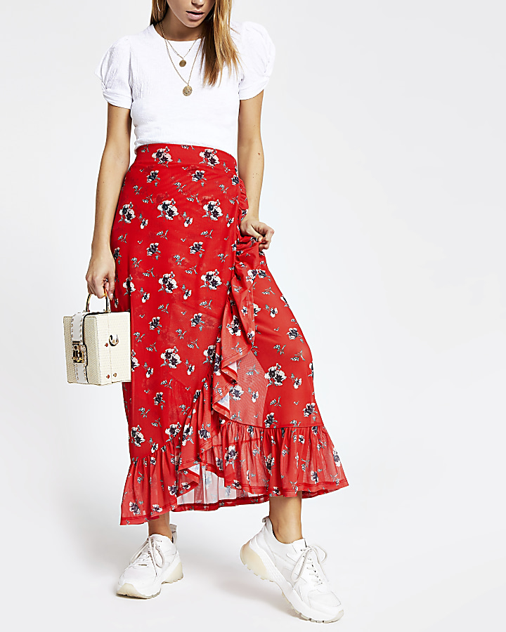 Red floral ruffle maxi skirt