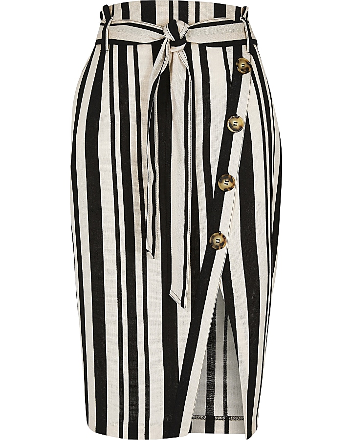 Black stripe tie waist pencil skirt