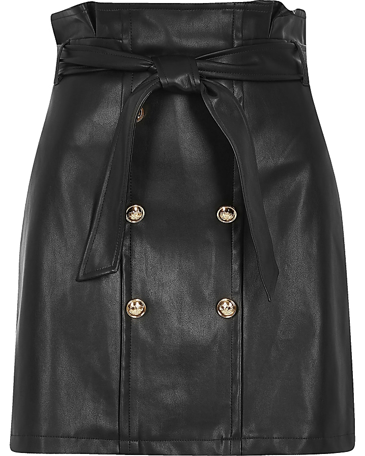Black faux leather paperbag mini skirt