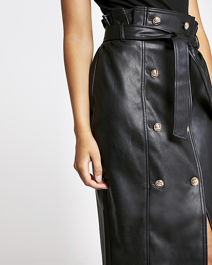 Black faux leather button front pencil skirt