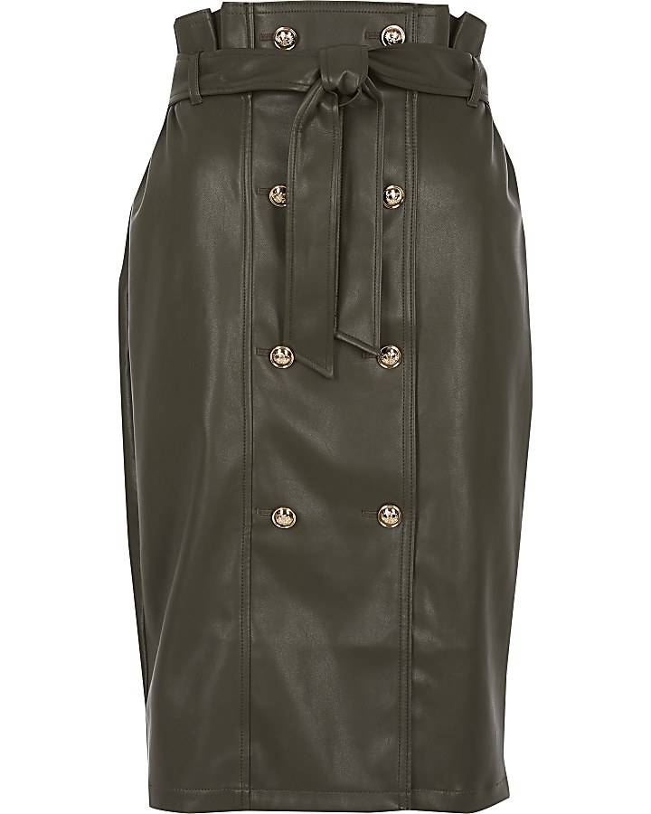 Khaki faux leather paperbag midi skirt
