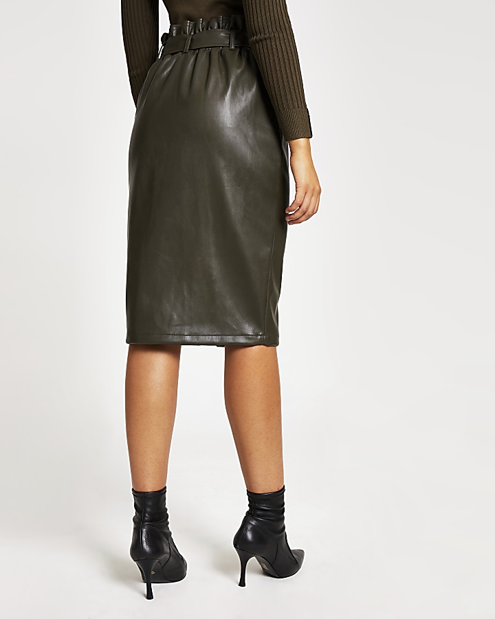 Khaki faux leather paperbag midi skirt